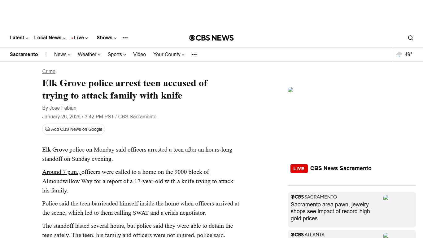 Elk Grove police arrest teen accused of trying to attack family with knife - CBS Sacramento